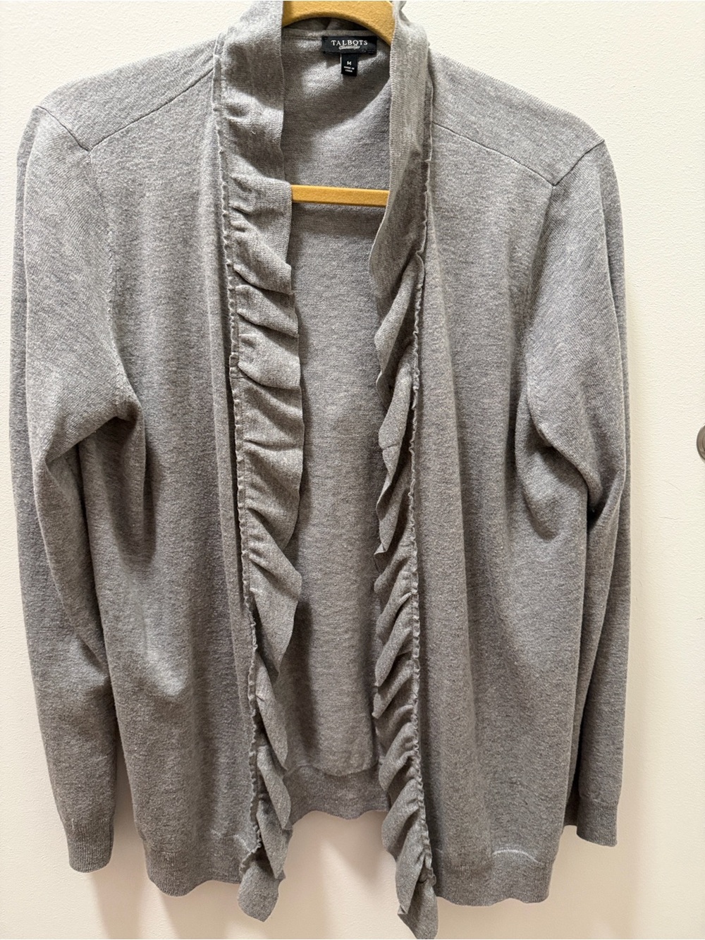 Talbots Light Gray Ruffle-Trim Open Cardigan